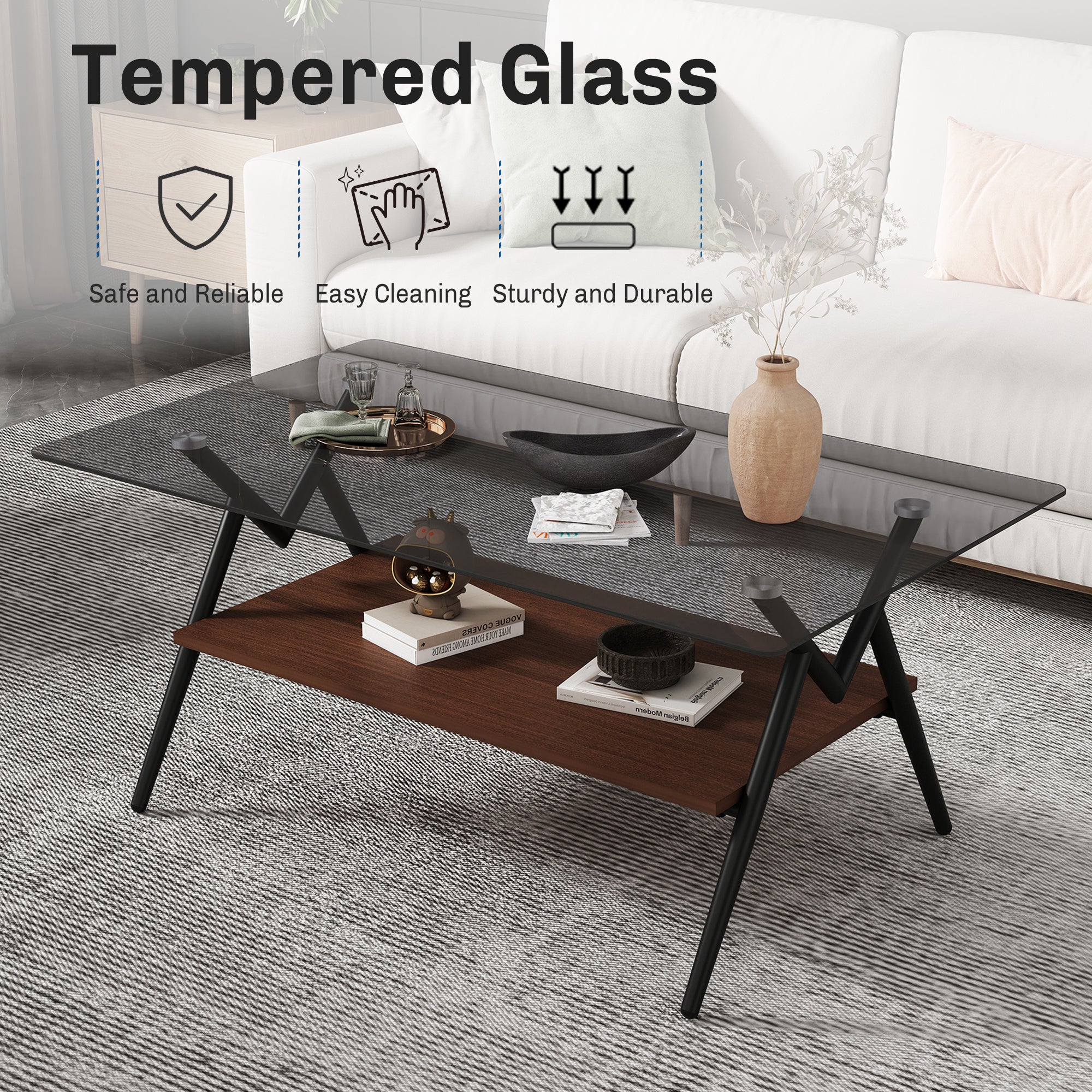 Rectangular coffee table with gray glass top and brown MDF shelf