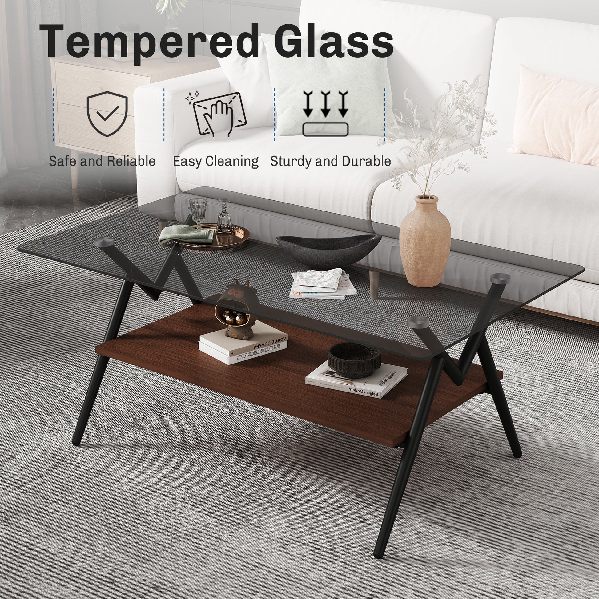 Rectangular coffee table with gray glass top and brown MDF shelf