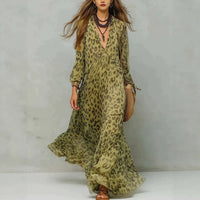 Leopard Print Chiffon Long Dress Deep V-Neck Three-Quarter Sleeve Flared Beach Vacation Dress Hot Deal Warehouse