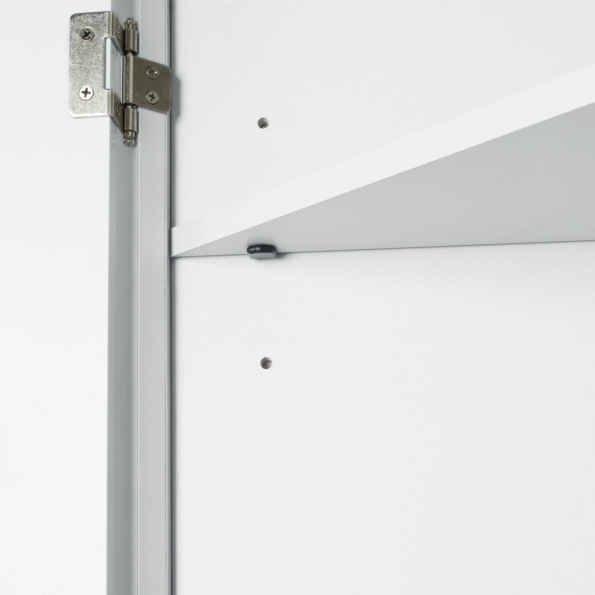 White triangle bathroom storage cabinet with a compact, space-saving design, featuring multiple shelves for organizing toiletries, towels, and other bathroom essentials. Made from durable materials, this sleek cabinet adds a functional and stylish touch to any bathroom decor.