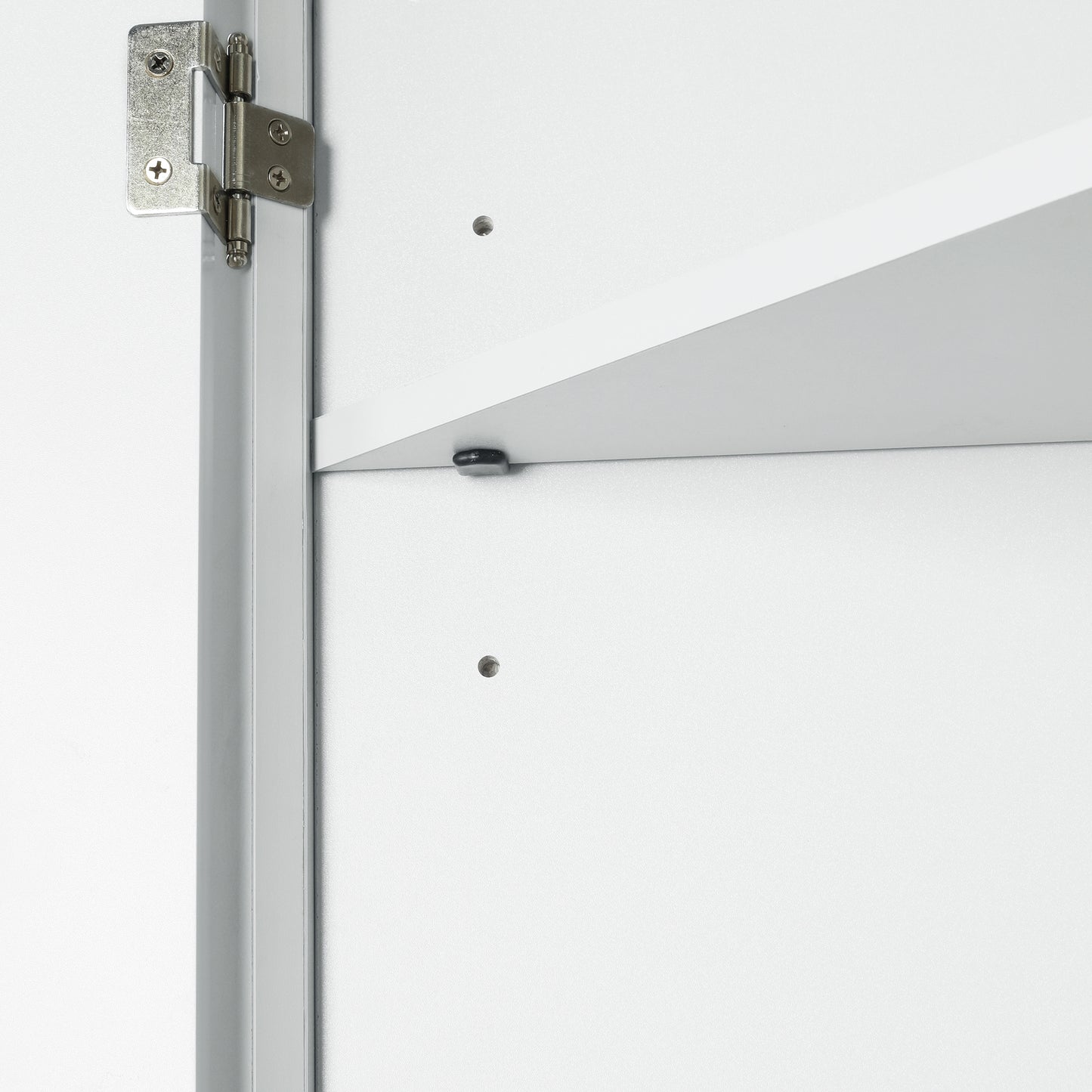 White triangle bathroom storage cabinet with a compact, space-saving design, featuring multiple shelves for organizing toiletries, towels, and other bathroom essentials. Made from durable materials, this sleek cabinet adds a functional and stylish touch to any bathroom decor.