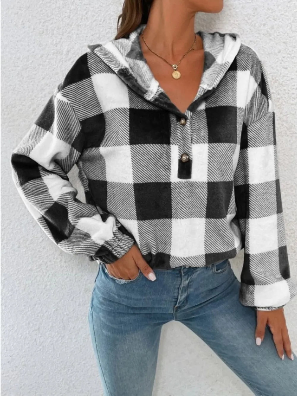 Women's checkered plush hoodie with semi-open collar, front view

