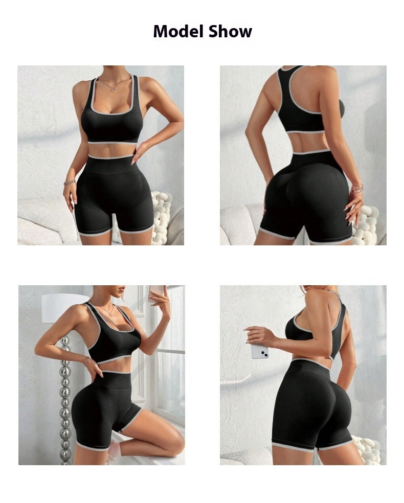 Women's seamless sports yoga set with vest and high-waist shaping shorts, perfect for activewear and workouts.








