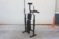 Olympic weight bench with adjustable squat rack, designed for strength training, featuring sturdy construction and multiple settings for bench press, squats, and other weightlifting exercises.