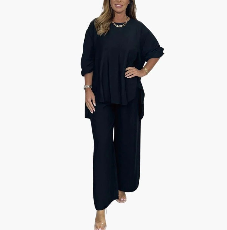 Solid Loose Casual Suit Wide Leg Pants Two-Piece Set Hot Deal Warehouse