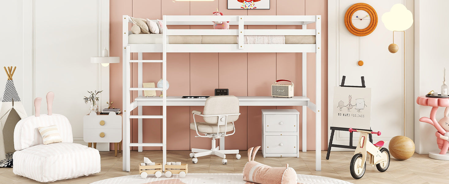 Full view of white twin loft bed with built-in desk and drawers underneath

