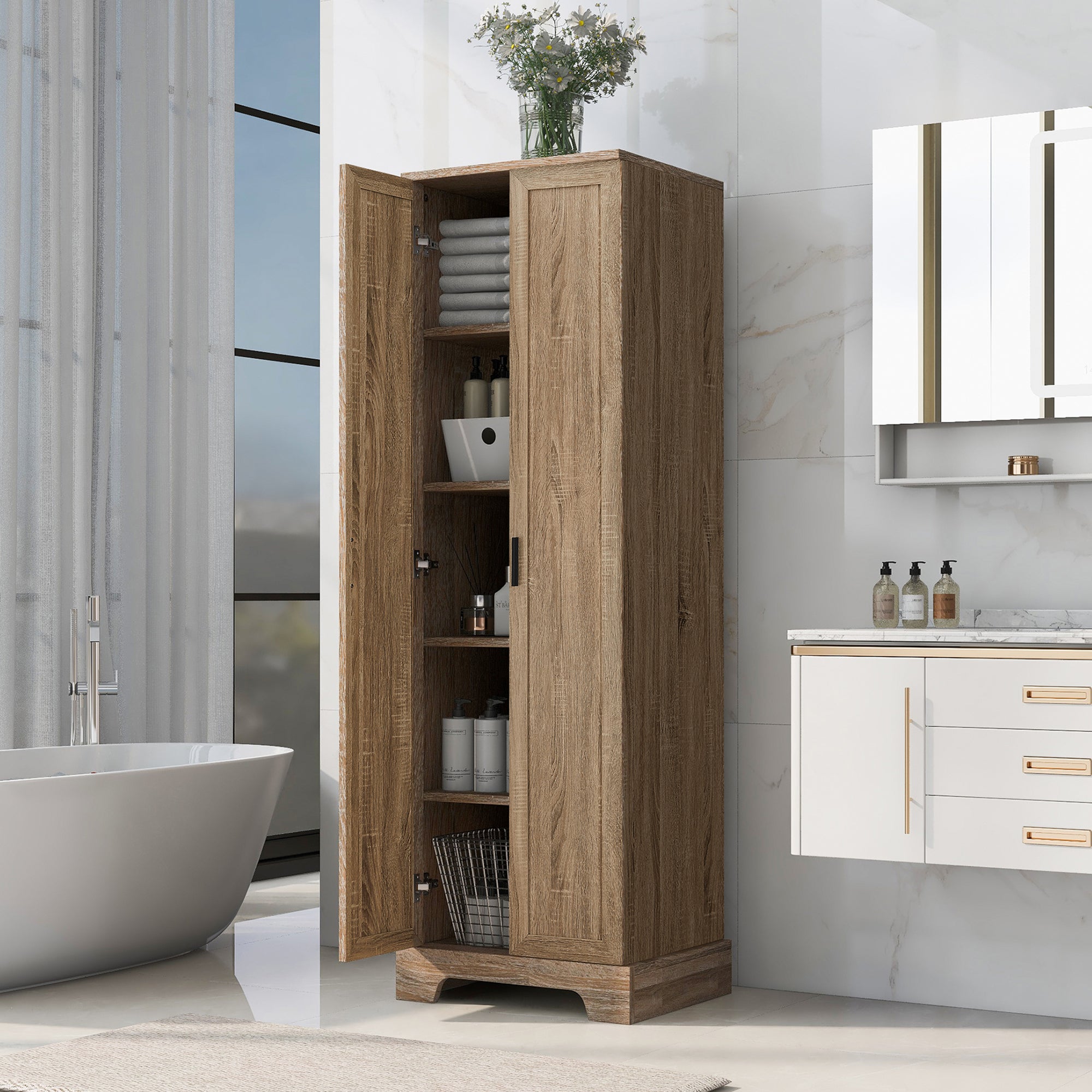 Brown MDF storage cabinet with adjustable shelf and two doors