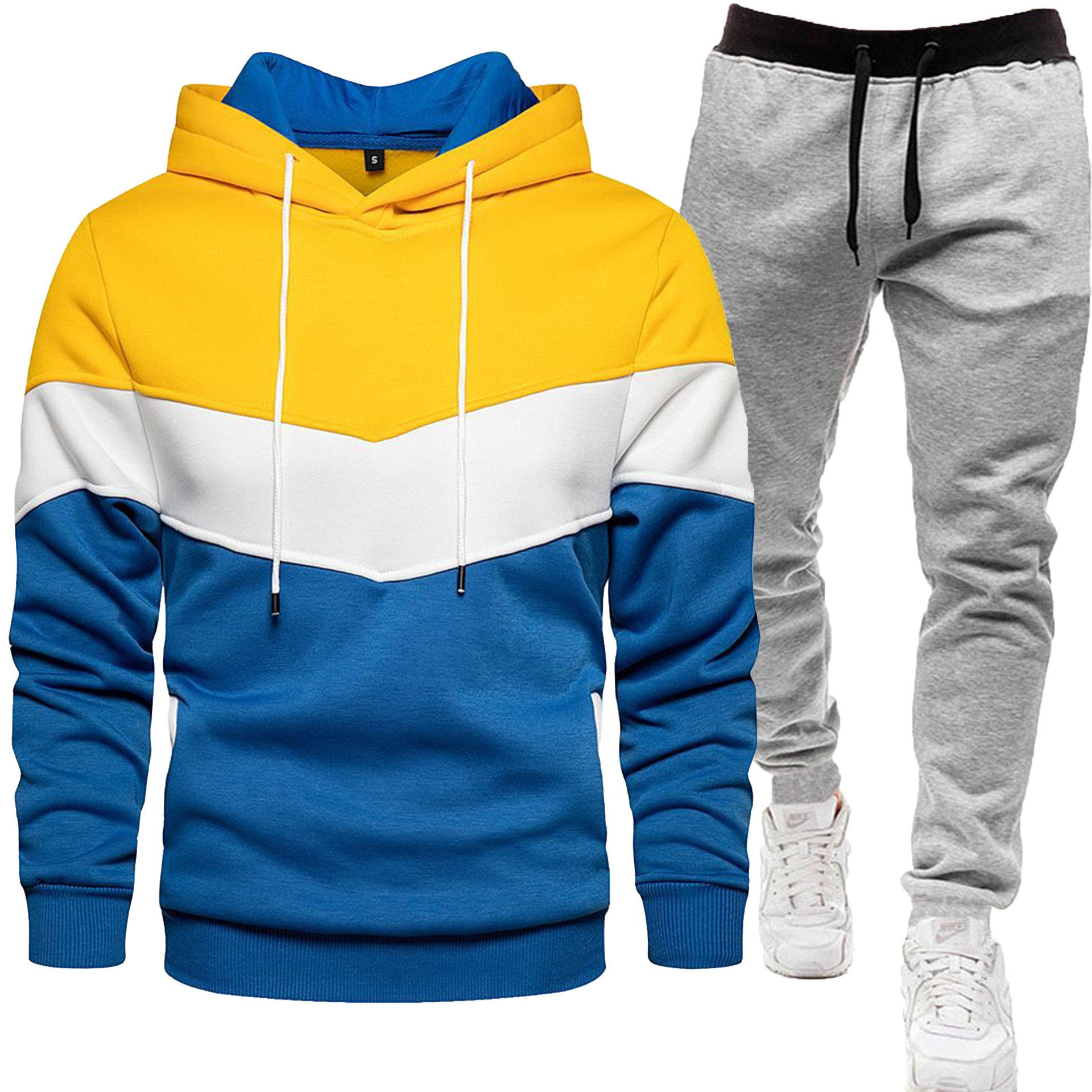 Men's three-color hoodie and jogger pants two-piece set, front view

