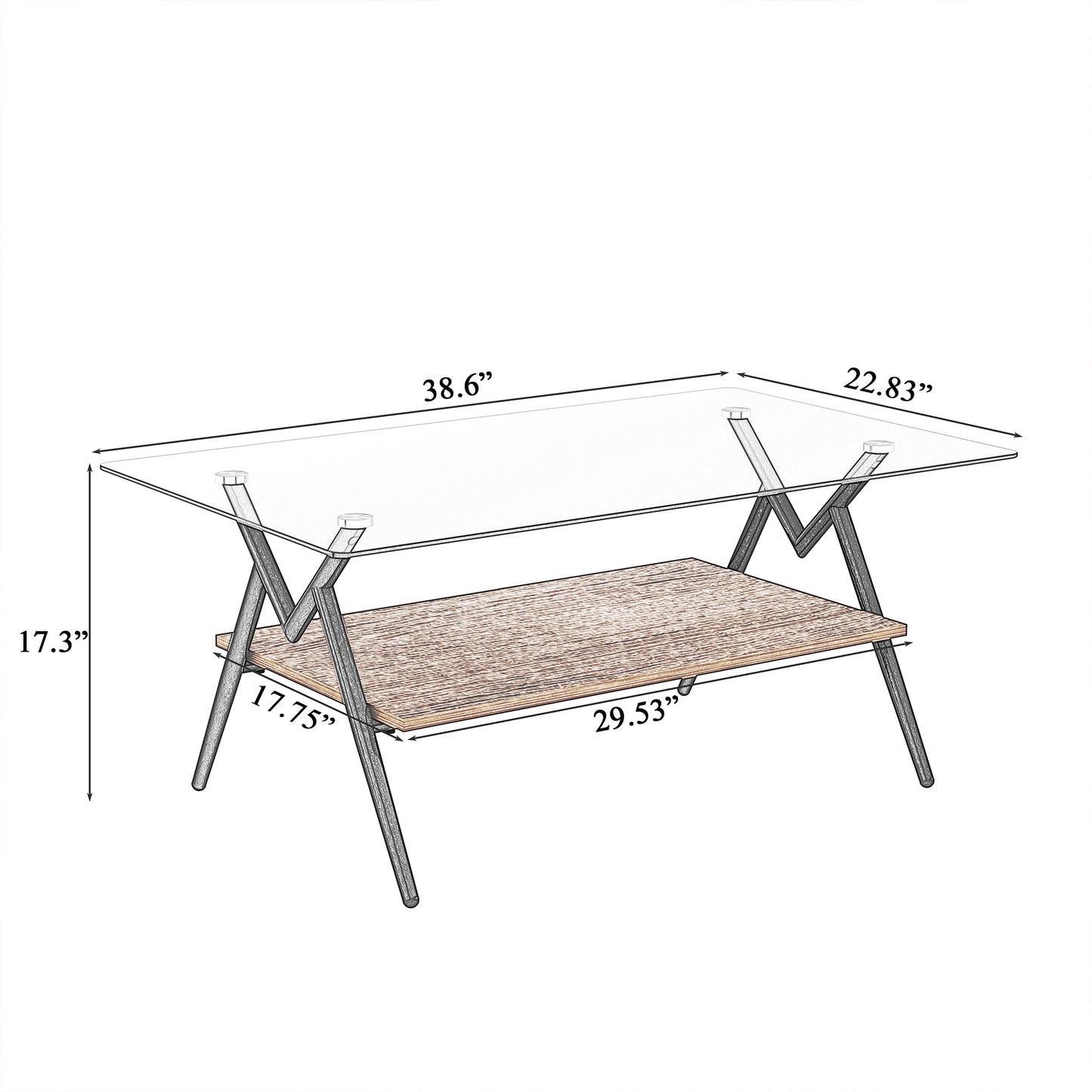 Rectangular coffee table with gray glass top and brown MDF shelf