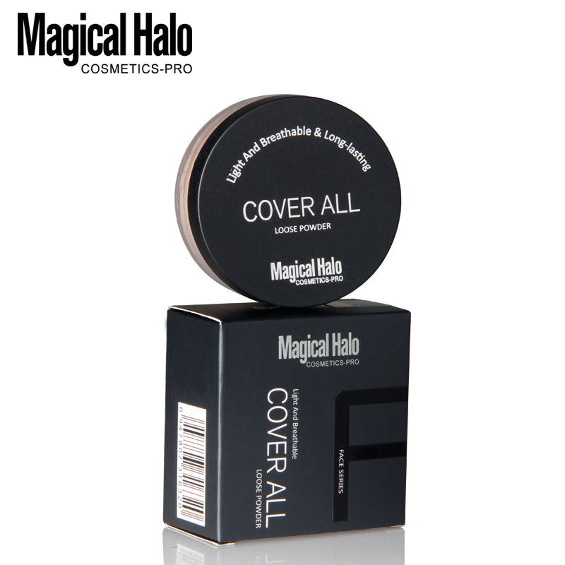 Close-up of Makeup Magical Halo Three-Color Concealer Loose Powder with packaging