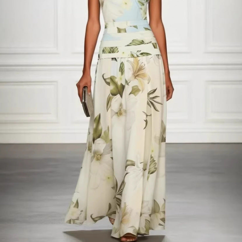 V-neck floral print women's dress sleeveless backless waist cinching long skirt Hot Deal Warehouse