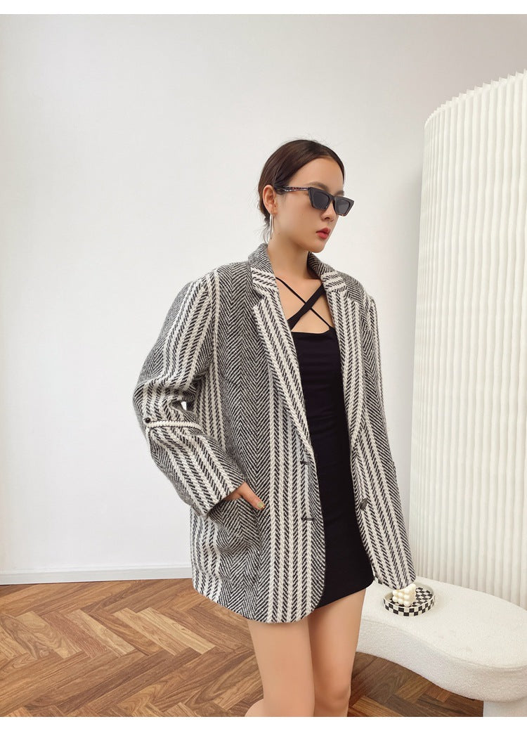 Vintage Striped Weave Woolen Blazer Coat for Women, Autumn Winter Casual Suit Jacket








