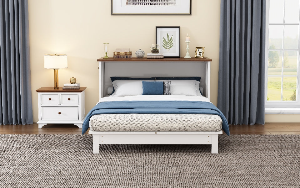 White and walnut queen Murphy bed chest in closed position