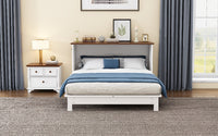 White and walnut queen Murphy bed chest in closed position