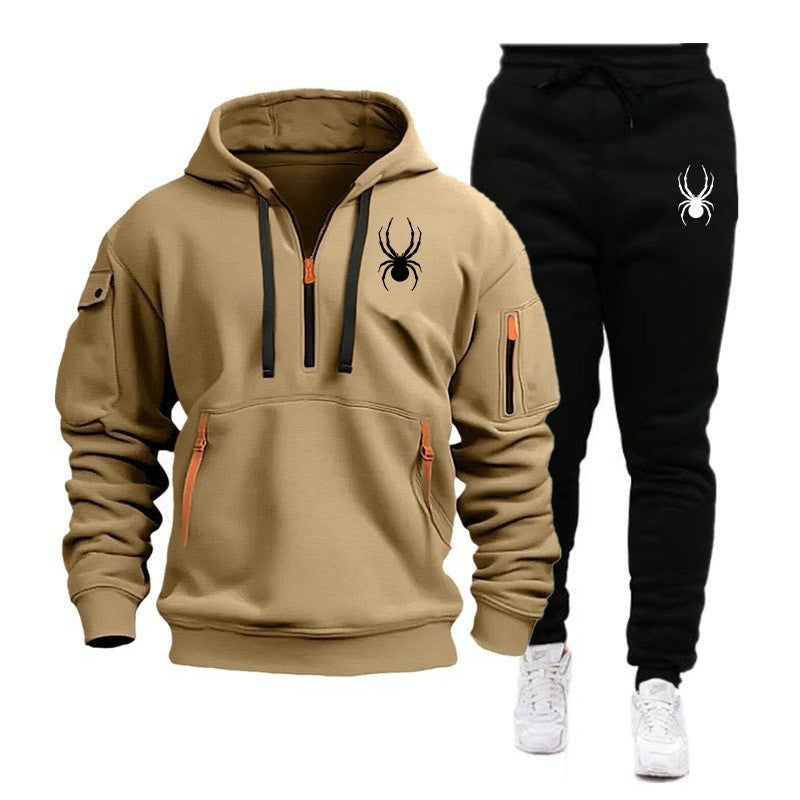 Men's sports hoodie set with printed hoodie and matching pants, front view

