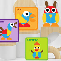 Montessori wooden puzzle board with colorful geometric shapes

