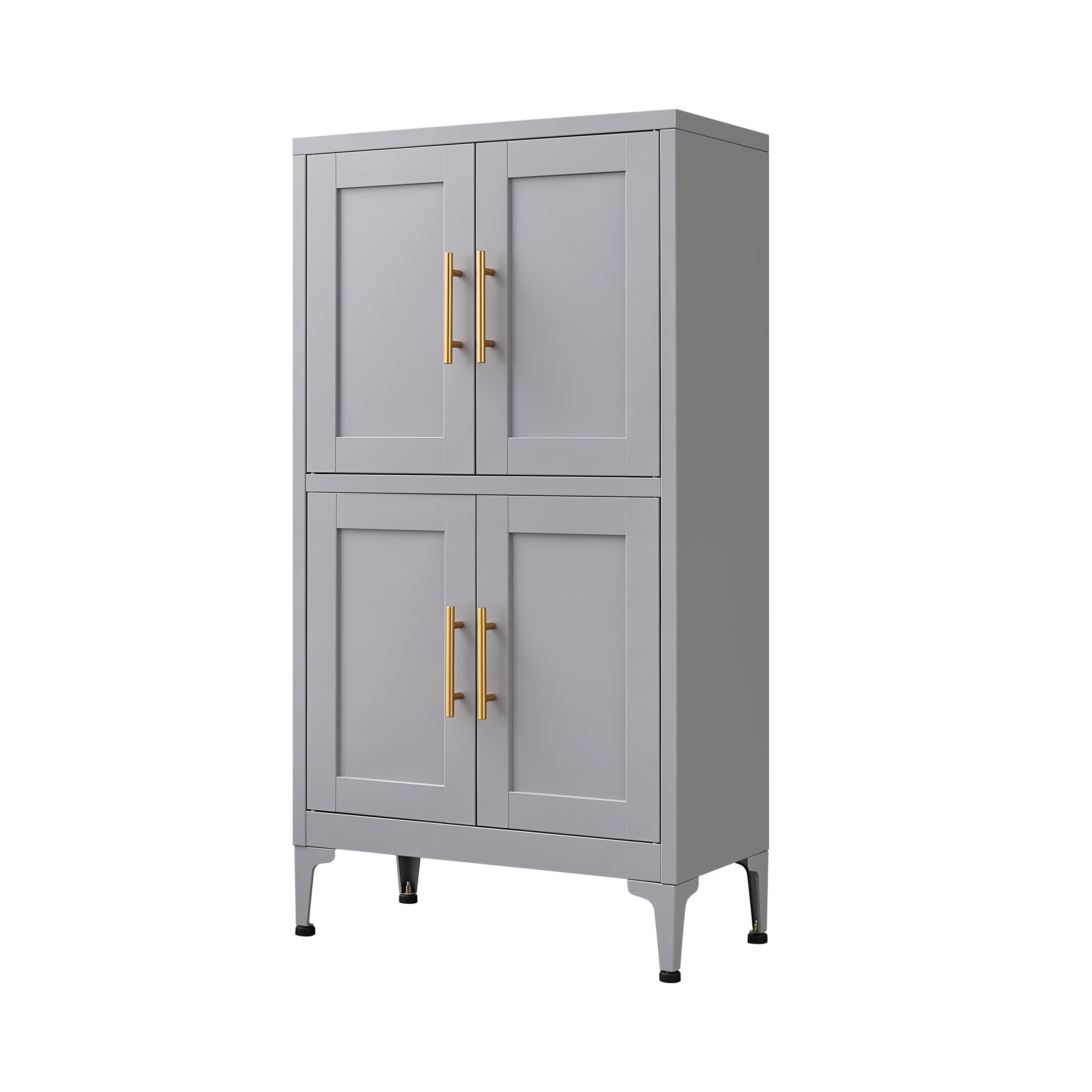 Grey metal kitchen storage cabinet with door and adjustable shelf in a modern kitchen