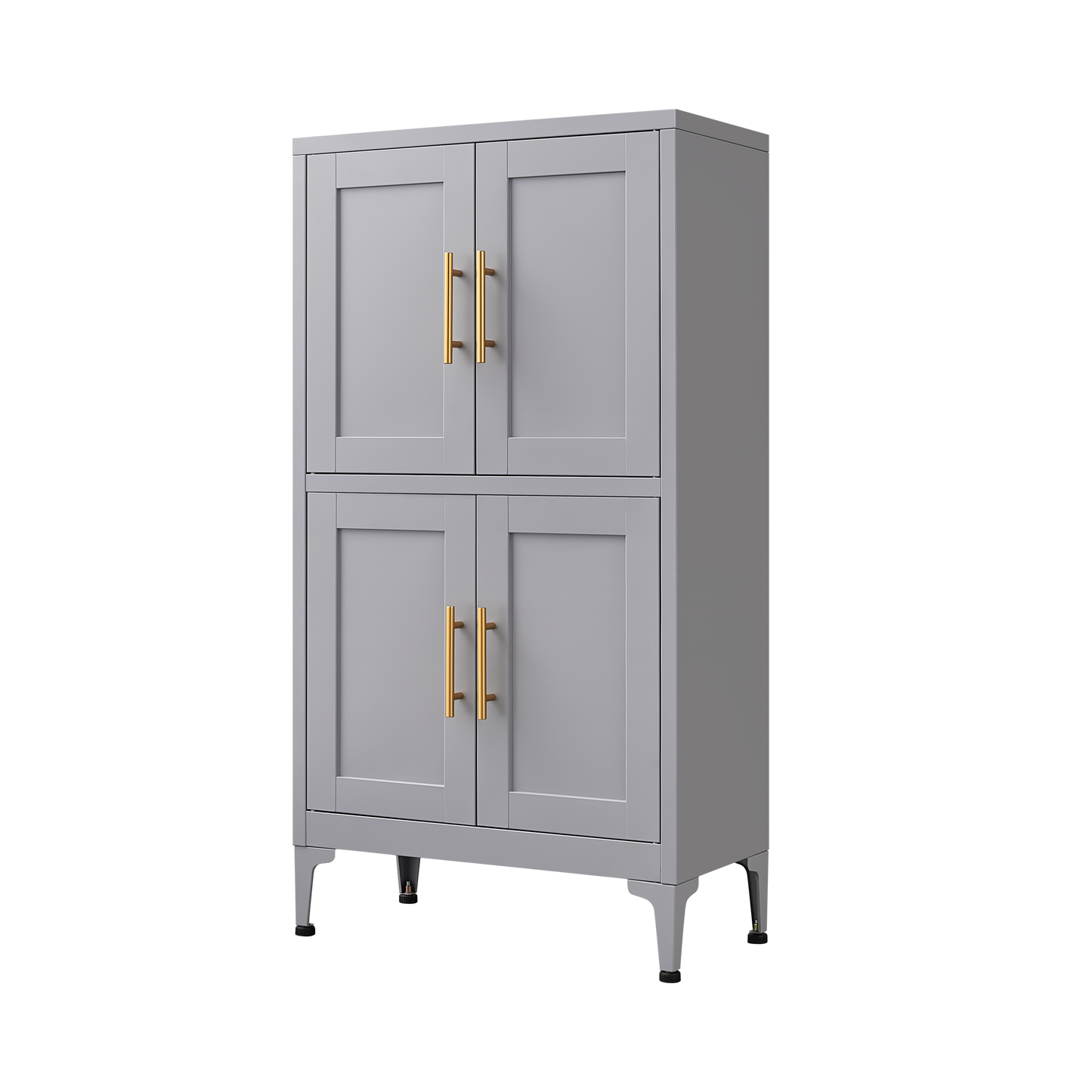 Grey metal kitchen storage cabinet with door and adjustable shelf in a modern kitchen