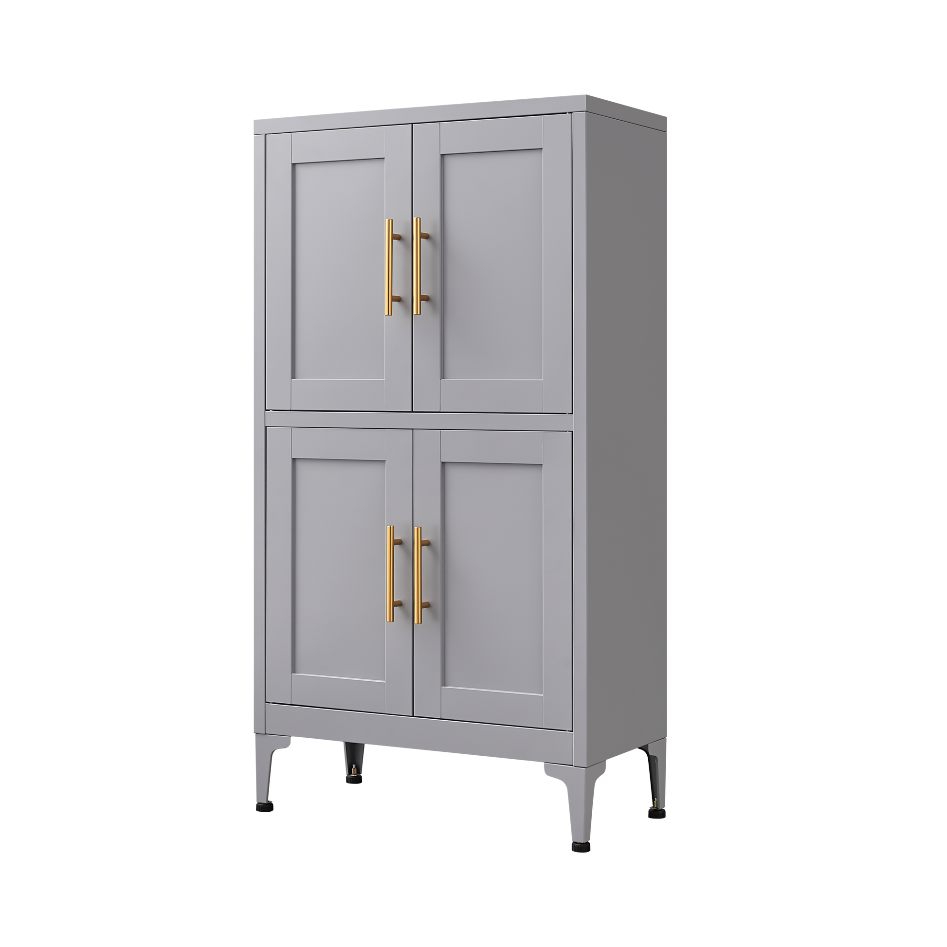 Grey metal kitchen storage cabinet with door and adjustable shelf in a modern kitchen