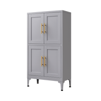 Grey metal kitchen storage cabinet with door and adjustable shelf in a modern kitchen