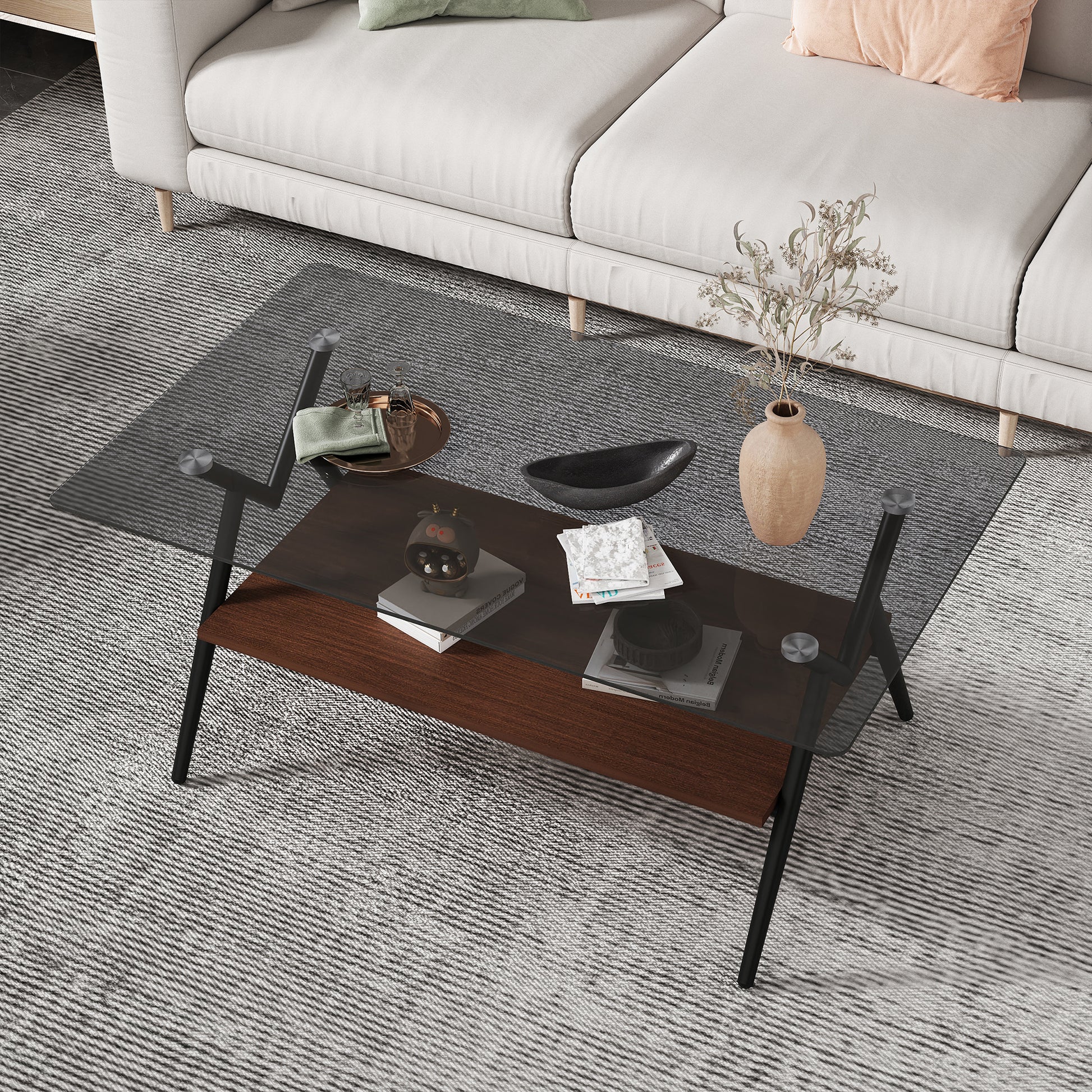 Rectangular coffee table with gray glass top and brown MDF shelf