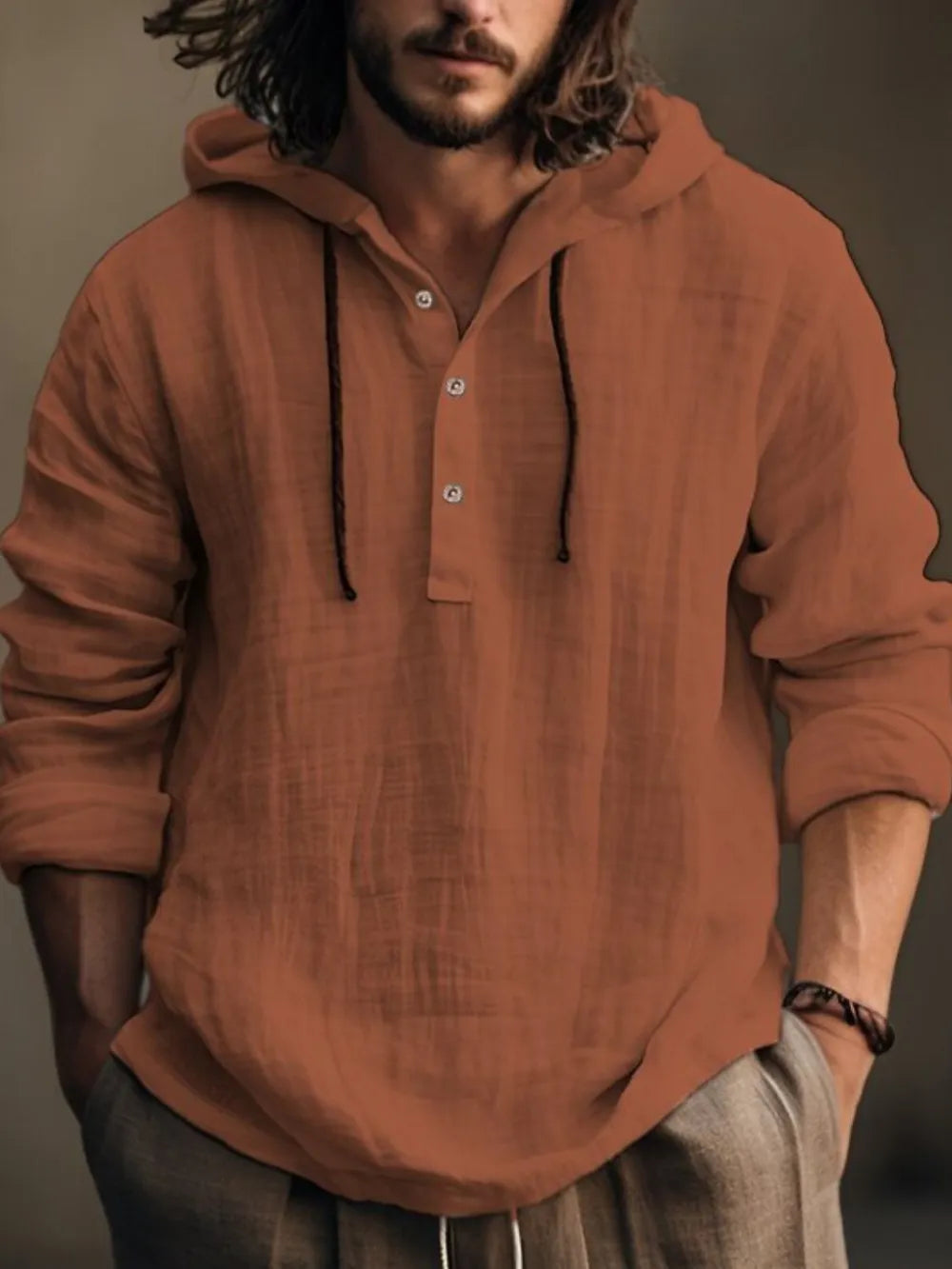 Men’s full size half-button hoodie with long sleeves, front view

