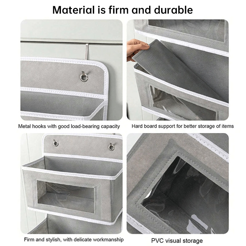 5-pocket hanging organizer on the back of a white bedroom door

