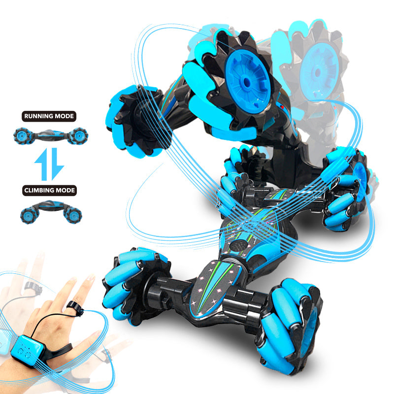 Remote control stunt car with 360-degree spinning capability, flashing LED lights, and durable off-road tires, designed for kids to perform flips, tricks, and high-speed maneuvers