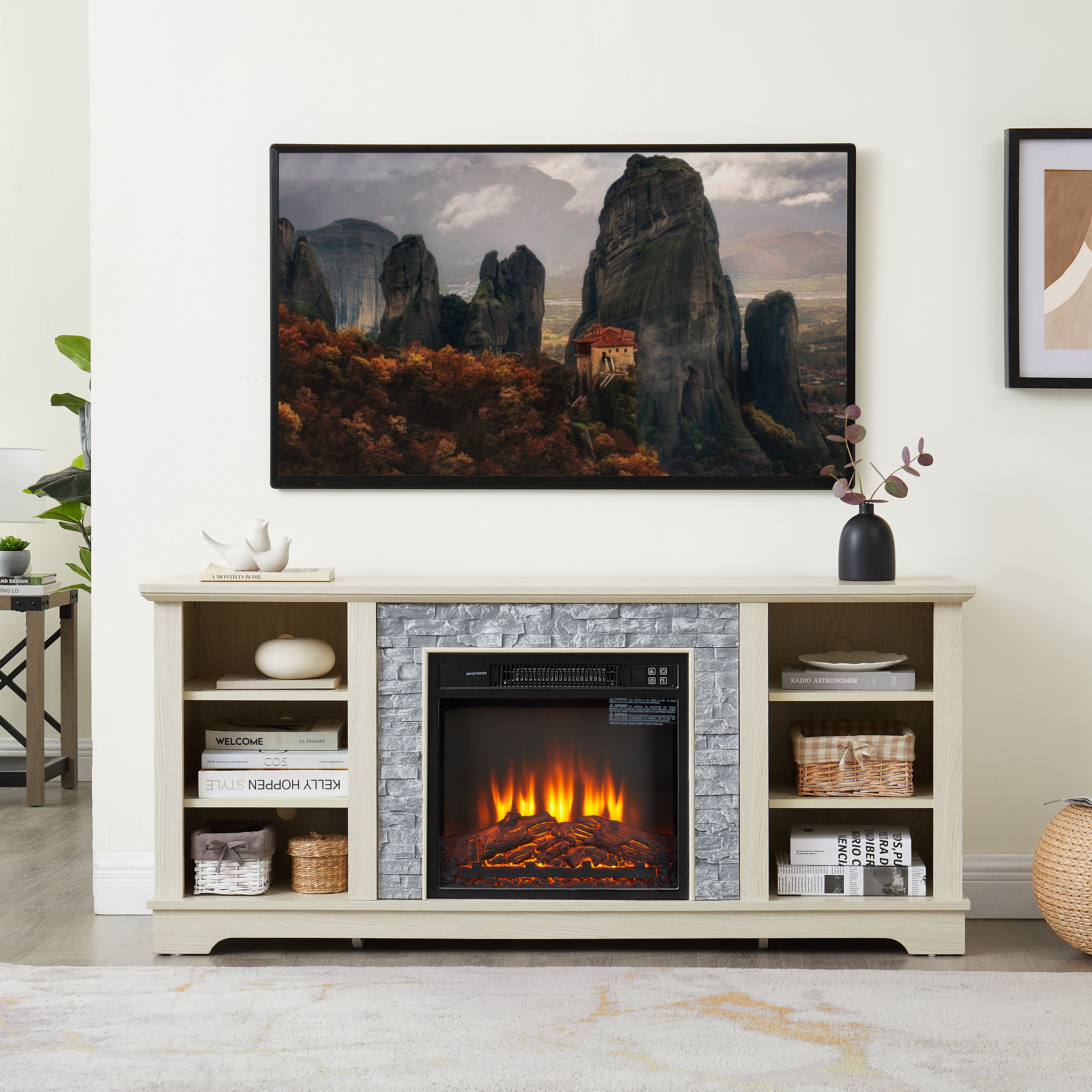 White TV stand with electric fireplace and stone-look mantel