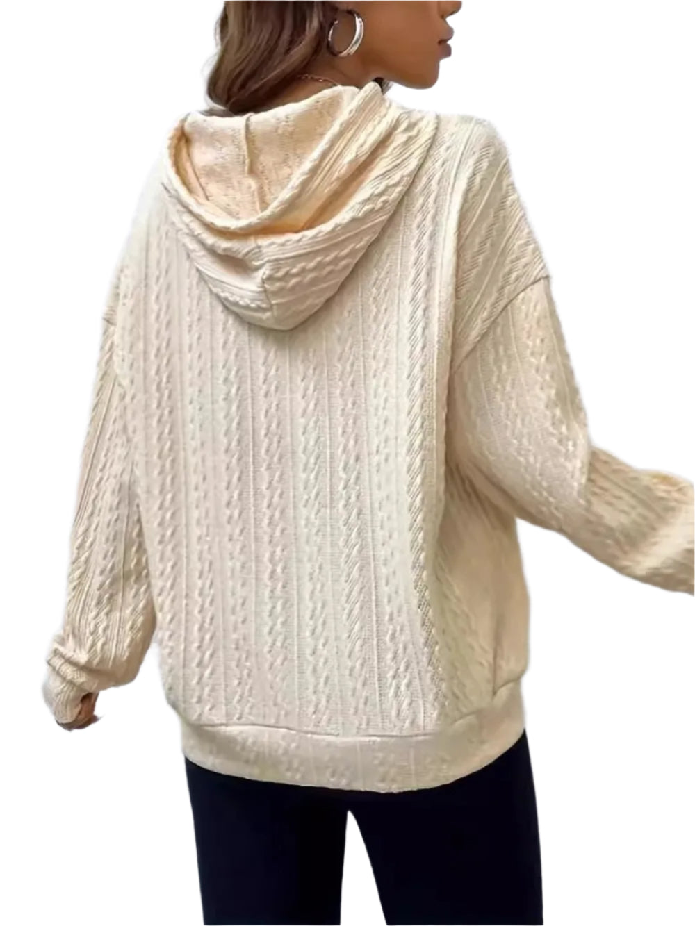 Women’s hooded knit sweater with pit stripe texture and kangaroo pocket in a relaxed fit.








