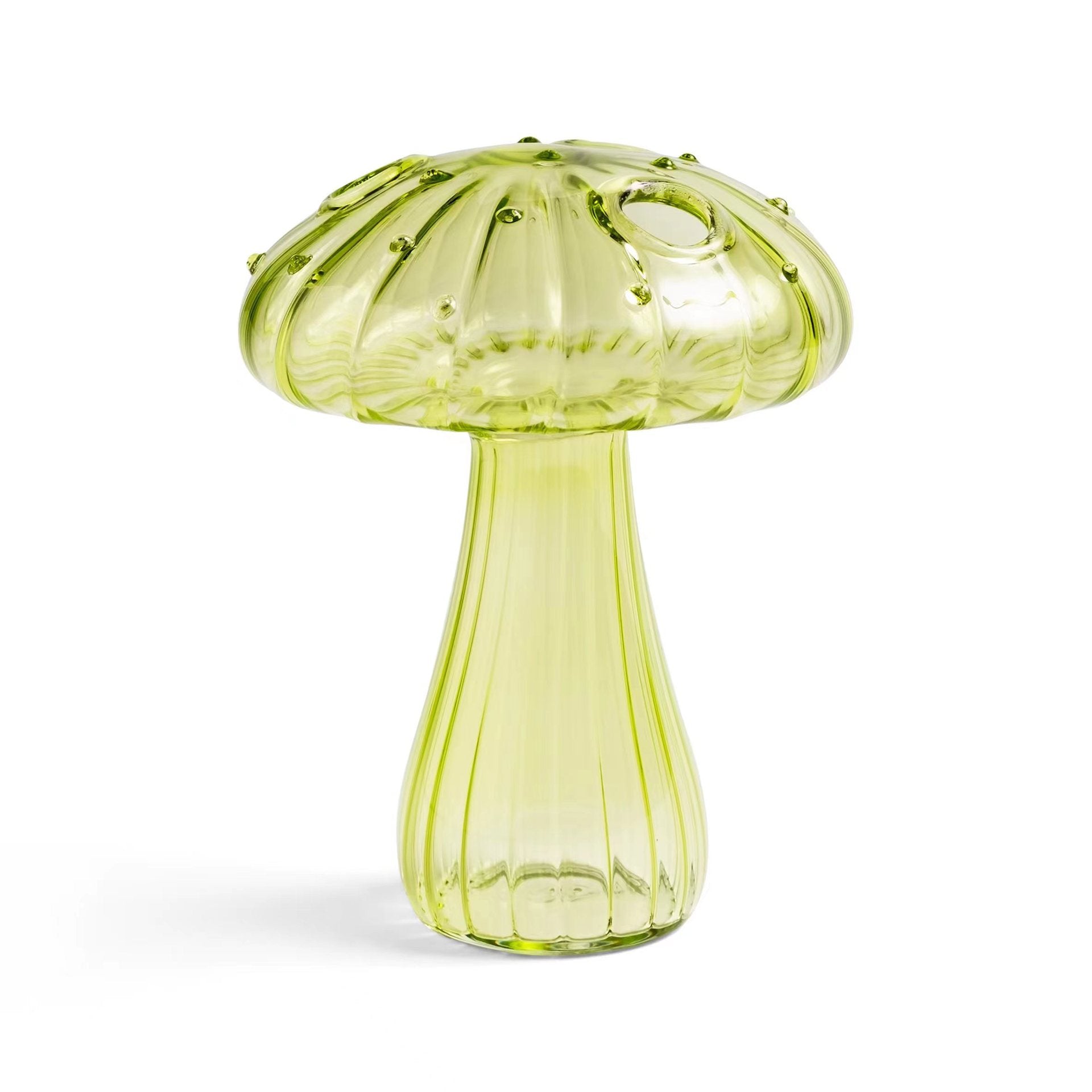 Clear glass mushroom-shaped vase with hydroponic plant and flowers on a minimalist home table

