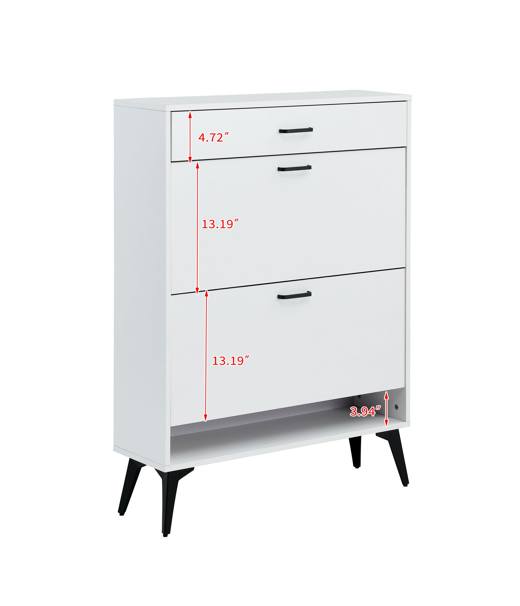 White shoe cabinet with open shelves and metal legs
