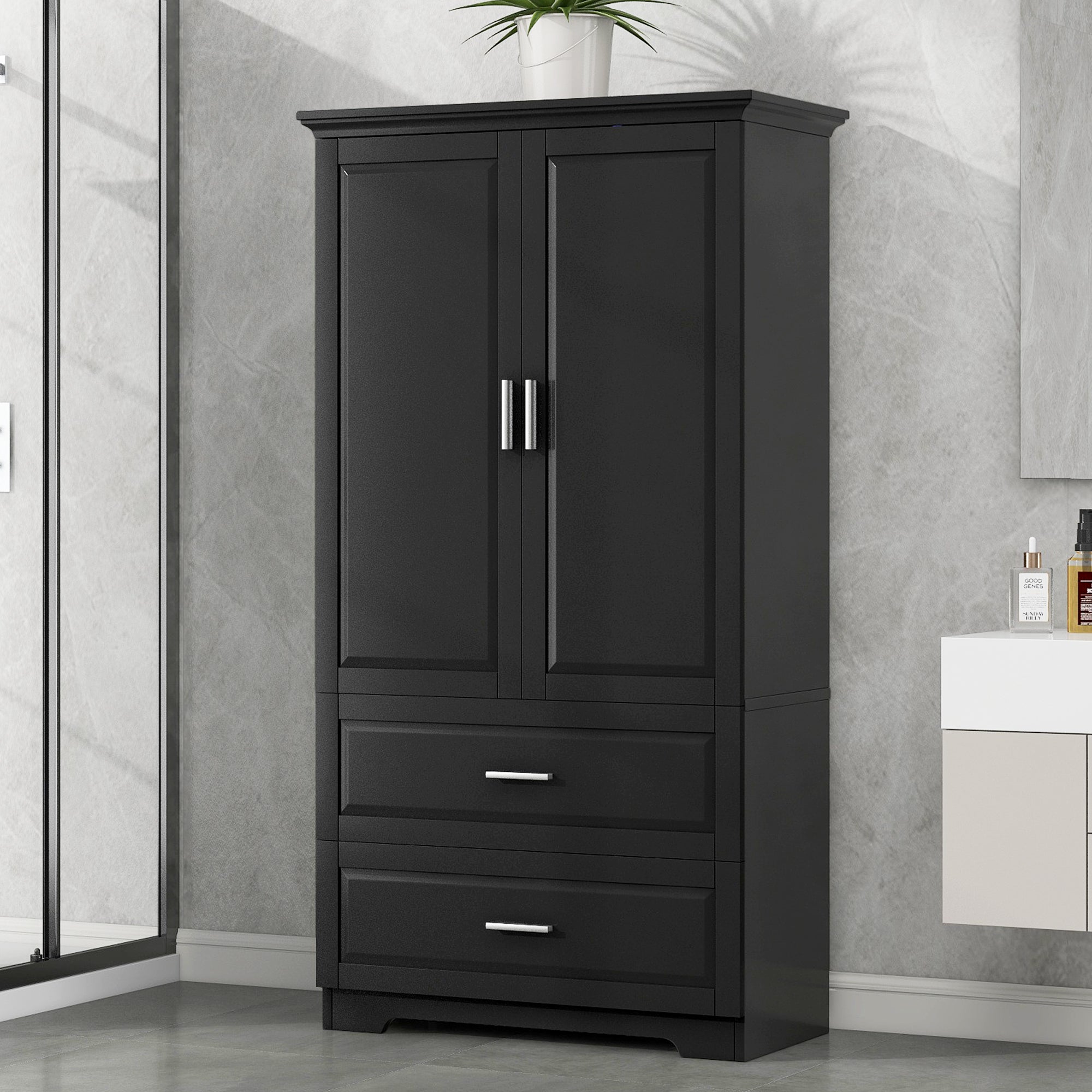 Black MDF tall bathroom storage cabinet with two doors and drawers