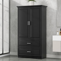 Black MDF tall bathroom storage cabinet with two doors and drawers