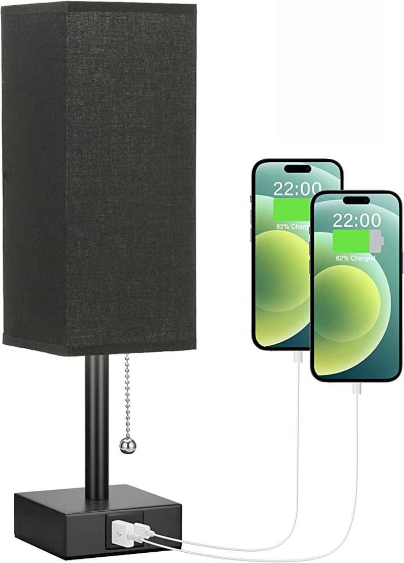 Modern square linen desk lamp with USB charging ports and 3-color dimmable lighting on a minimalist nightstand


