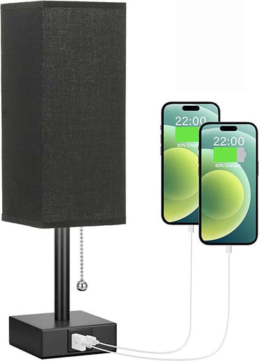 Modern square linen desk lamp with USB charging ports and 3-color dimmable lighting on a minimalist nightstand

