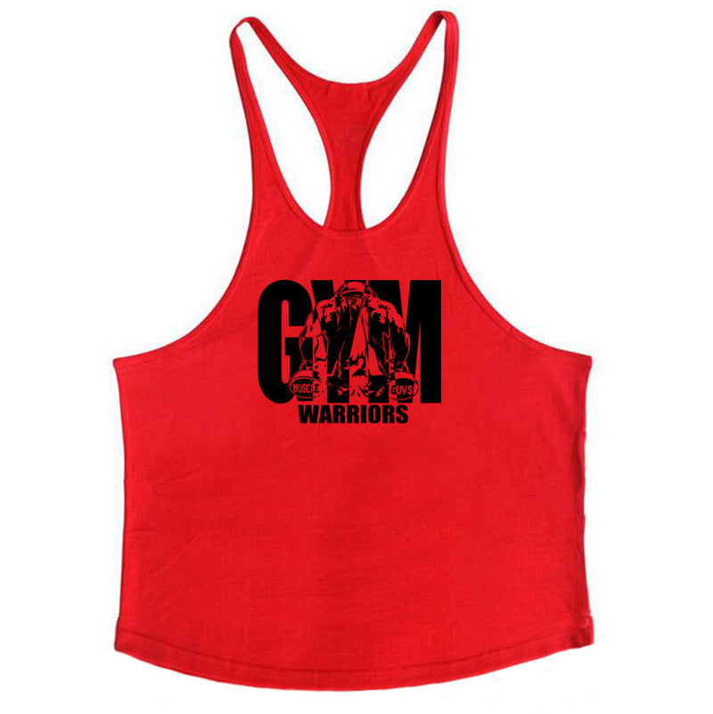 GYM WARRIORS cotton fitness vest, featuring a deep digging design and thin shoulder straps. This lightweight, breathable shirt is perfect for intense workouts, providing comfort and flexibility while showcasing a sporty, stylish look