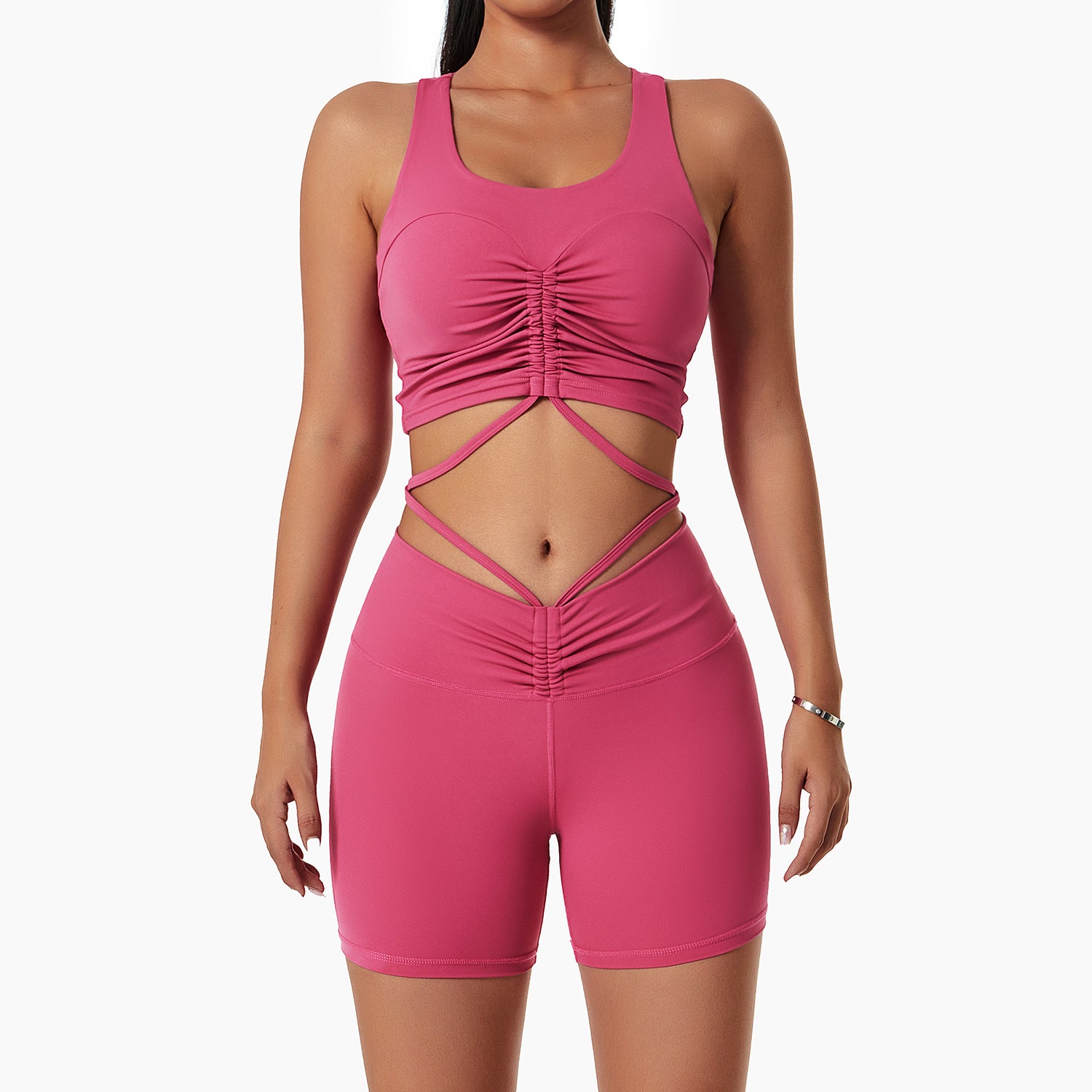 Woman wearing a stylish yoga set with drawstring collar top and fitted leggings, ideal for gym or yoga sessions.


