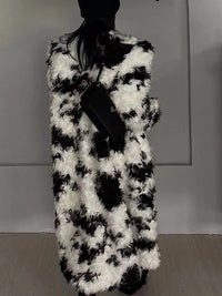 Model wearing the Temperament O-neck lambswool fur coat with contrast color design

