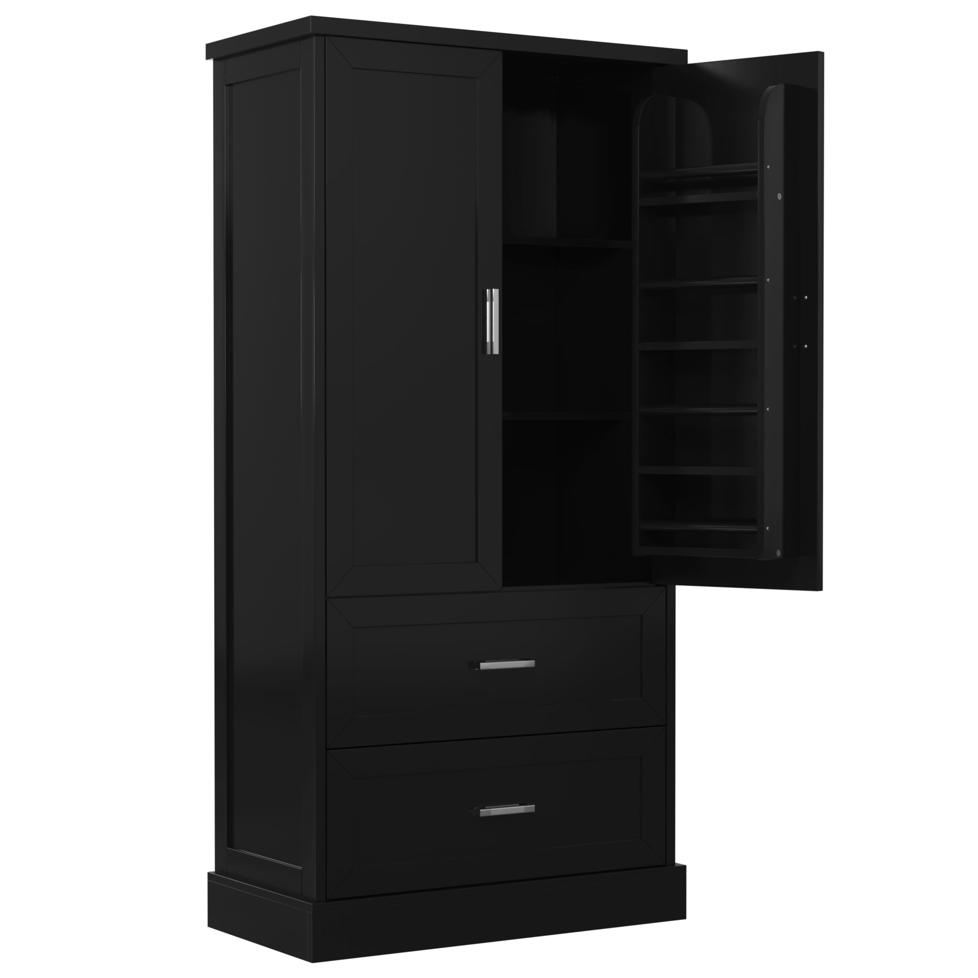 Tall black bathroom storage cabinet with doors and drawers