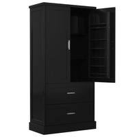 Tall black bathroom storage cabinet with doors and drawers