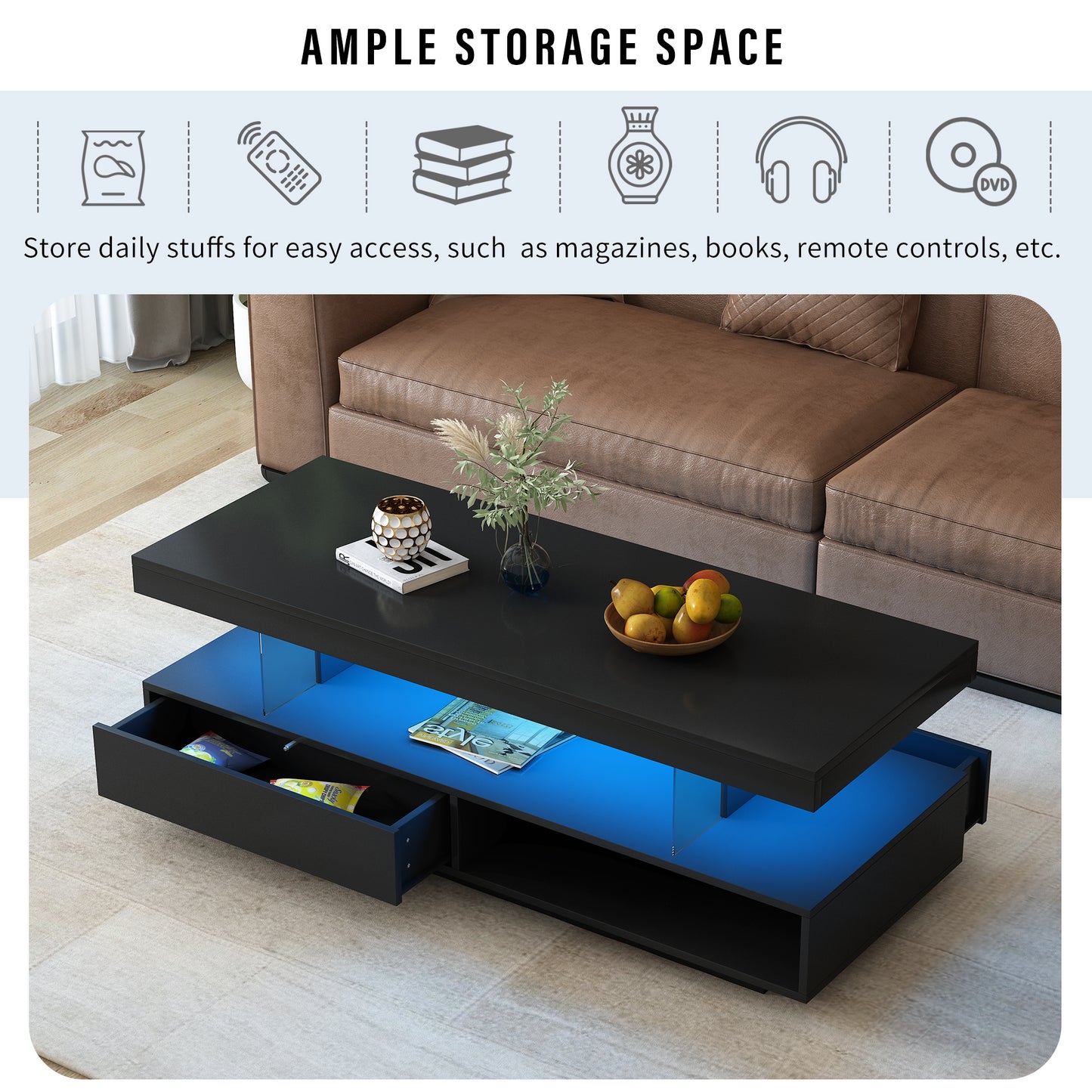 U-Can black LED coffee table with drawers and display shelf