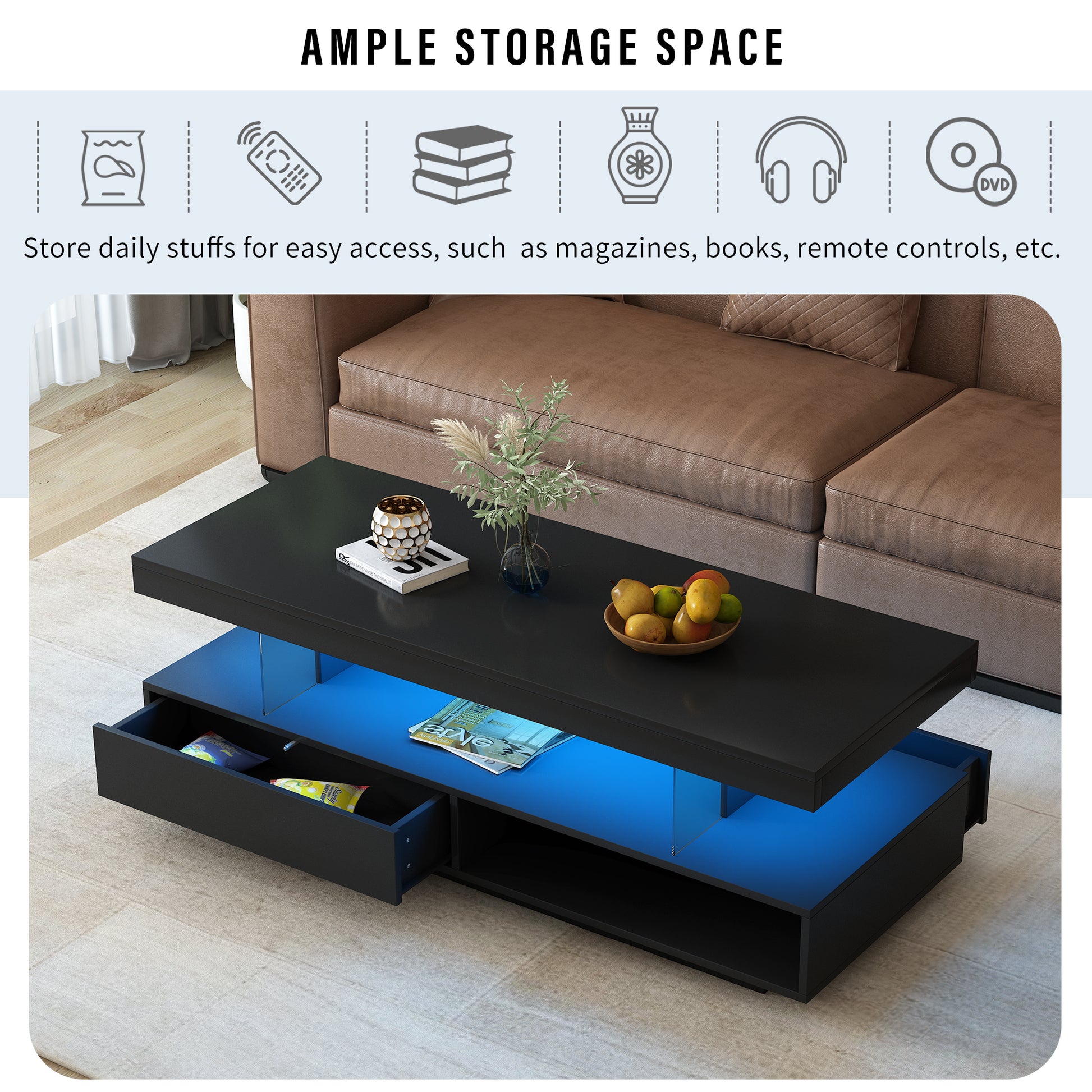 U-Can black LED coffee table with drawers and display shelf