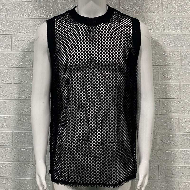 Solid Color Round Neck Sleeveless Hollow Knitted Vest in lightweight, breathable fabric for a stylish and comfortable fit.