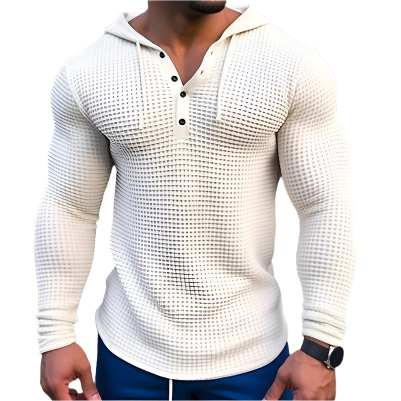 Men’s casual waffle knit long sleeve pullover, slim fit solid color T-shirt for streetwear and layering.