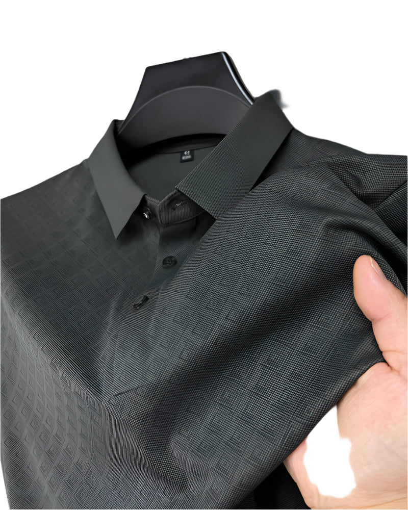 High-end Elegant Ice Silk Short Sleeve Polo Shirt, men's lapel design, plaid pattern, summer comfort.