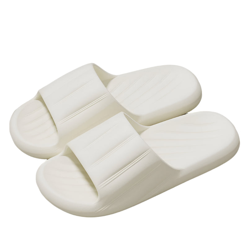 Unisex striped home slippers with thick soles and non-slip bottoms in solid colors.

