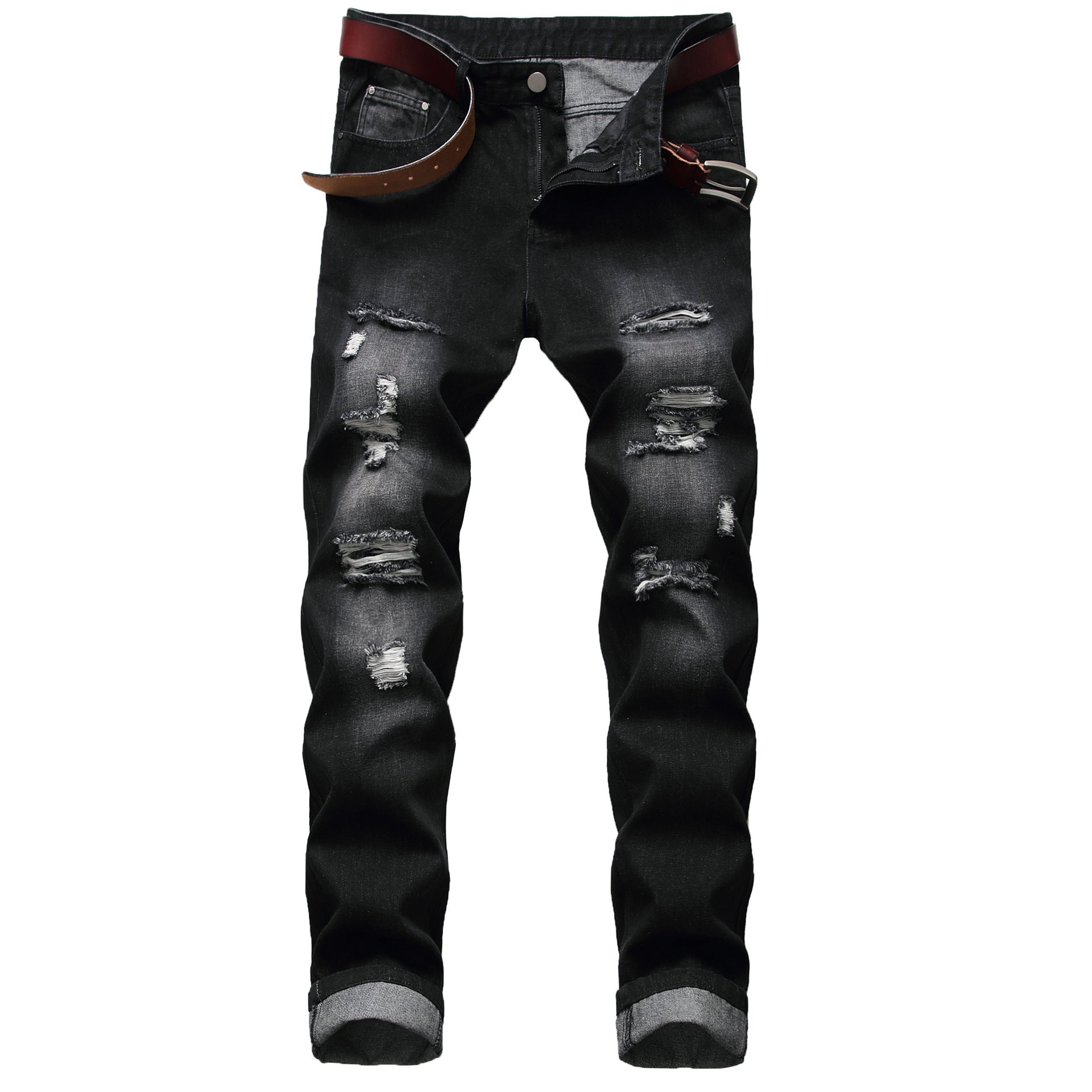 Men’s ripped fashion slim-fit straight jeans with distressed details for a trendy streetwear look.