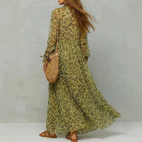 Leopard Print Chiffon Long Dress Deep V-Neck Three-Quarter Sleeve Flared Beach Vacation Dress Hot Deal Warehouse
