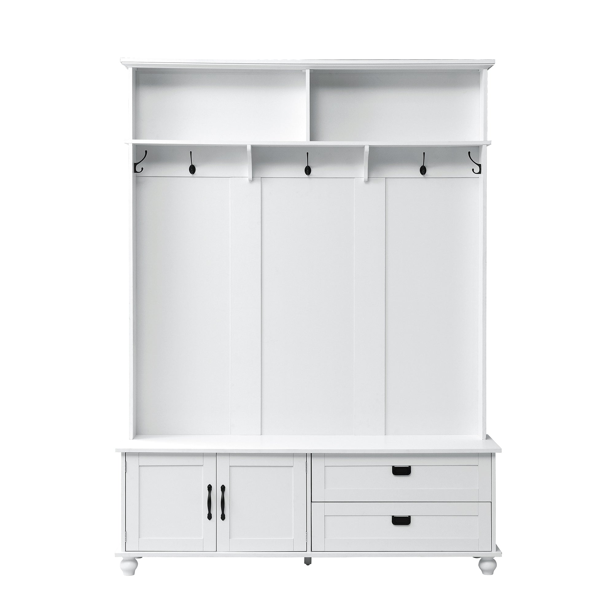 ON-TREND white hall tree with bench, coat hooks, drawers, and cabinet